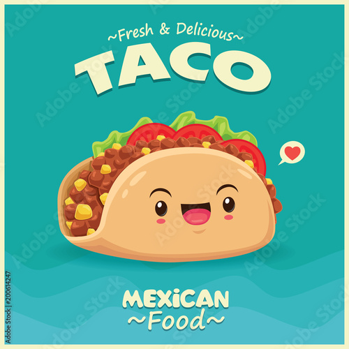 Vintage Mexican food poster design with vector taco character.