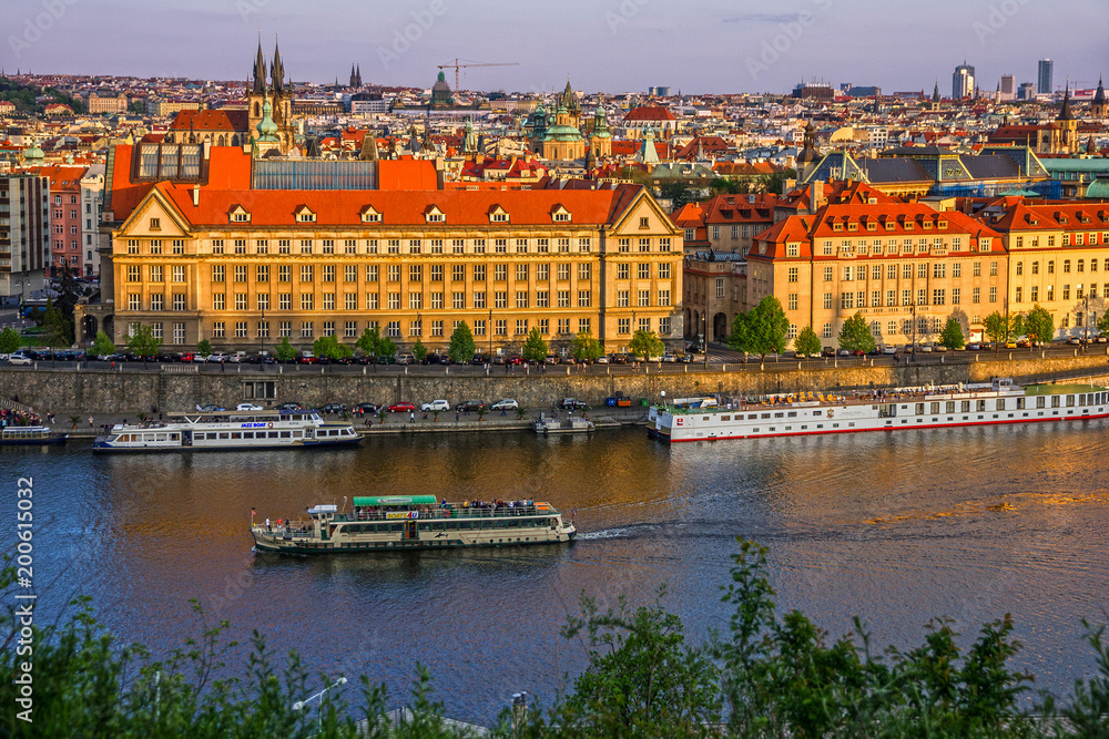 Prague embankment, Czech Republic, city architecture and Vltava river