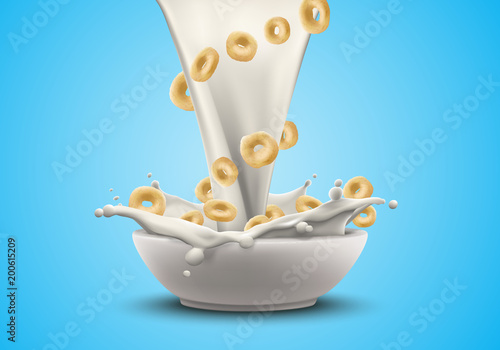 Corn rings in big milk splash advertising flyer vector illustration. High quality art for cereal product ads broshure, poster or label design