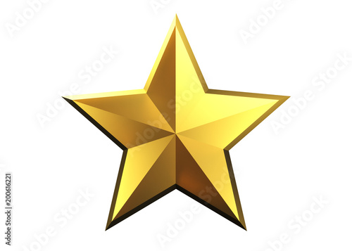 3D Rendering of golden Christmas Star isolated on white Background.  Close-Up Gold Star render with clipping path