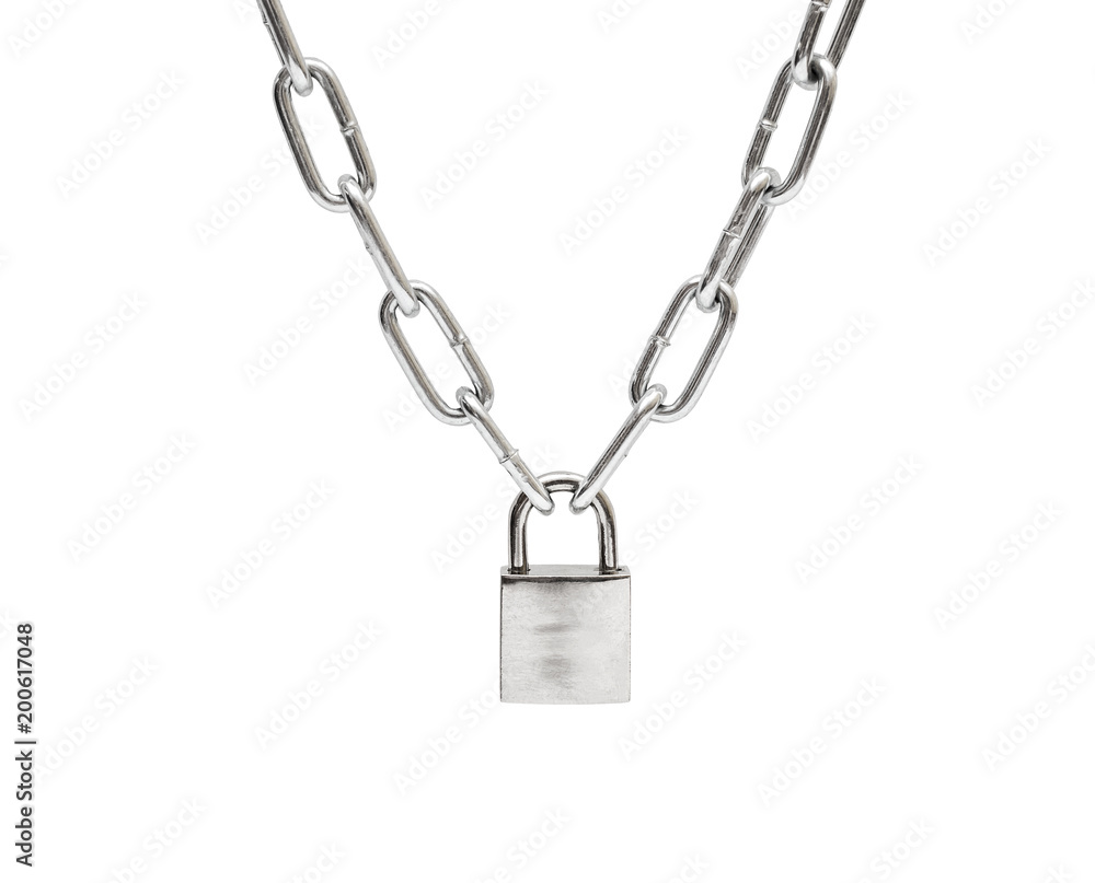 Closed padlock hanging on chains. Isolated on white. Closed padlock hanging on chains. Isolated on white.