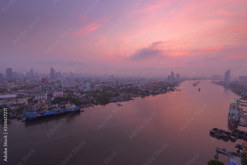Bangkok urban city view at golden sunrise, Thailand