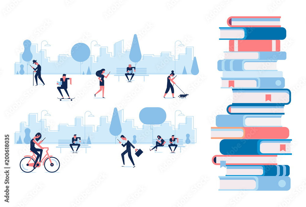 Different people walking in the park and reading books. Flat vector illustration.Print Different people walking in the park and reading books. Flat vector illustration.Print