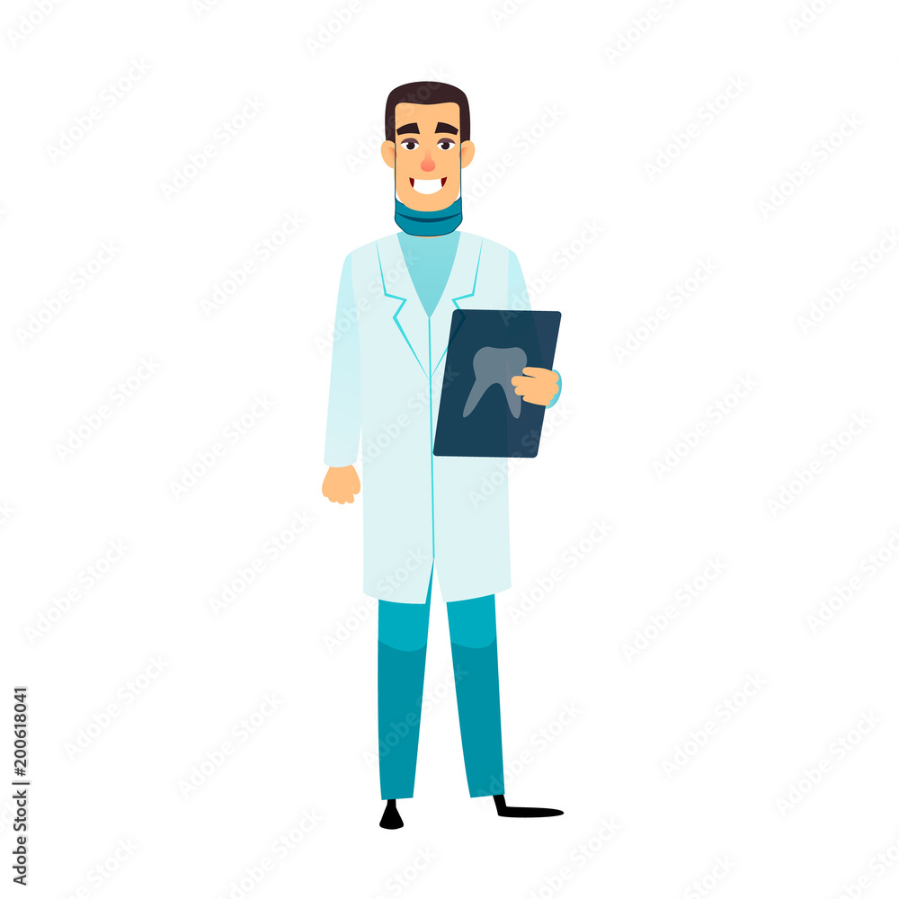 Dentist flat cartoon character. Stomatologist is holding an x-ray of the tooth. Doctor with radiograph. Dentist vector healthcare, profession, stomatology and medicine concept Dentist flat cartoon character. Stomatologist is holding an x-ray of the tooth. Doctor with radiograph. Dentist vector healthcare, profession, stomatology and medicine concept