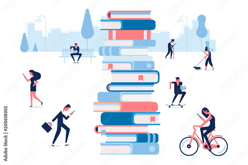 Different people walking in the park and reading books. Flat vector illustration.Print Different people walking in the park and reading books. Flat vector illustration.Print