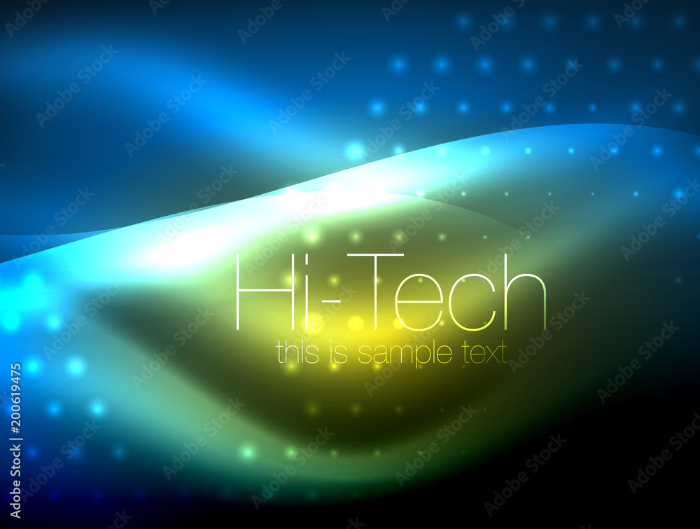Glittering neon glowin wave, techno modern art abstract background, magical shiny template