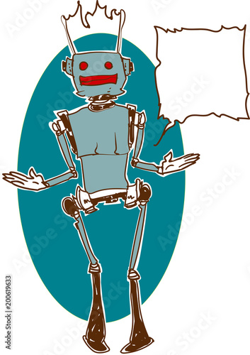 the robot says something cartoon style vector illustration with blank speech bubble
