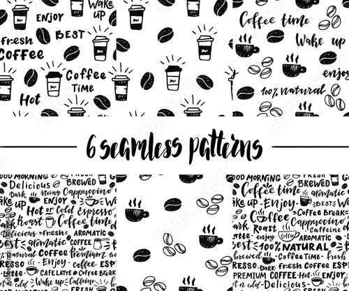 Set of coffee seamless patterns.