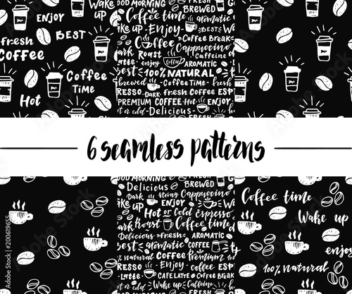 Set of coffee seamless patterns.