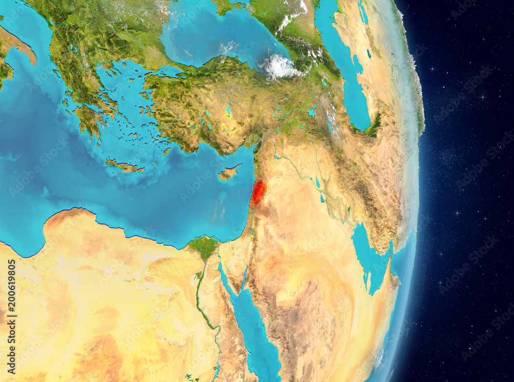 Orbit view of Lebanon in red