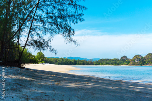 Tropical Paradise and white sand on deserted beach with trees in beautiful lagoon on Langkawi island, Malaysia. Tanjung Rhu beach.