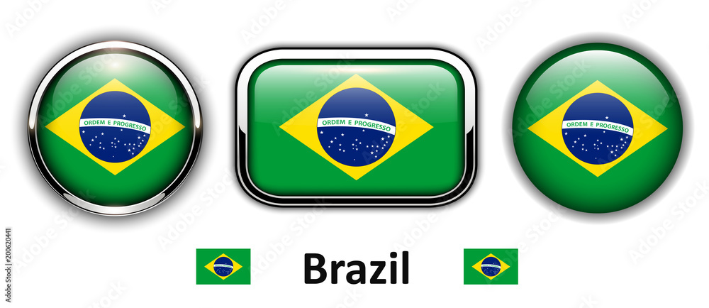 Fototapeta premium Brazil flag buttons, 3d shiny vector icons.