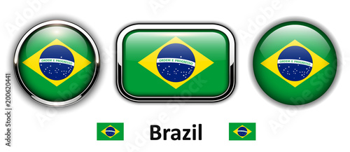 Brazil flag buttons, 3d shiny vector icons.