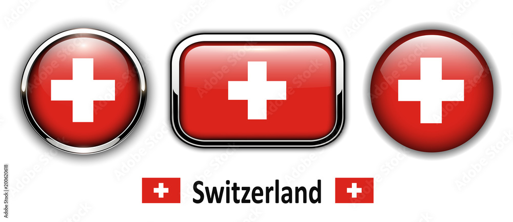Fototapeta premium Switzerland flag buttons, 3d shiny vector icons.