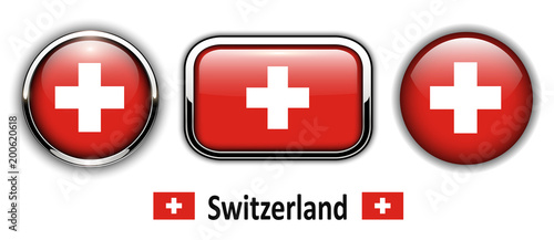 Switzerland flag buttons, 3d shiny vector icons.