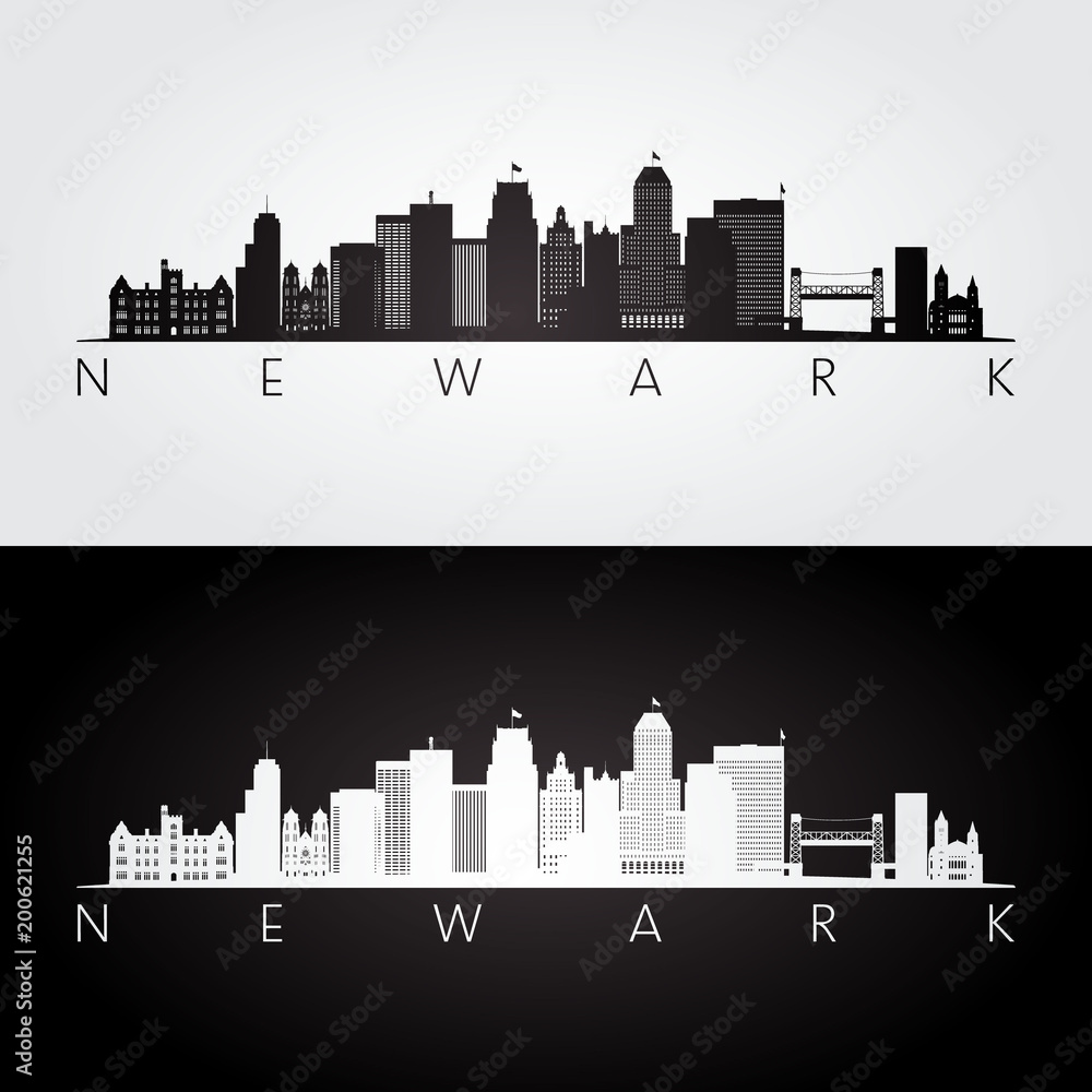 Newark USA skyline and landmarks silhouette, black and white design, vector illustration.