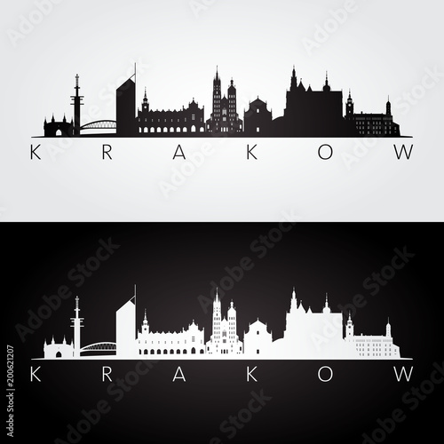 Krakow skyline and landmarks silhouette, black and white design, vector illustration.