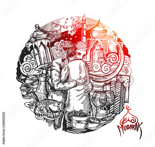 Muslim man hugging and wishing to each other on occasion of Eid ( Eid al-Fitr ) celebration, Hand Drawn Sketch Vector illustration.