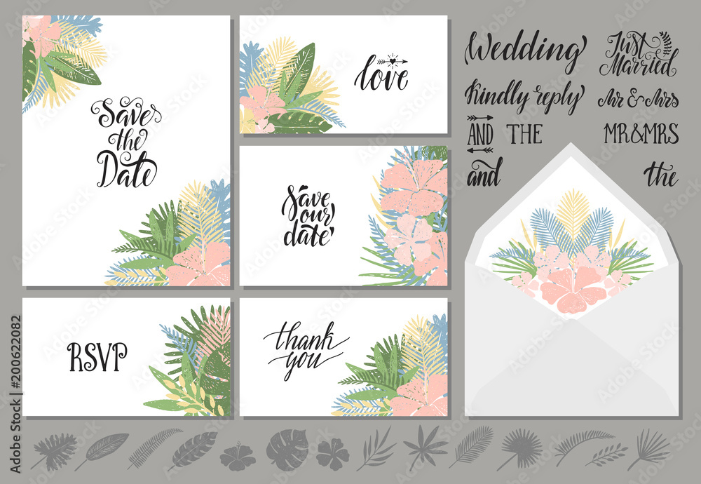 Fototapeta wedding invitations templates with tropical leaves