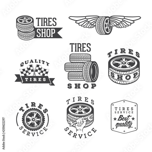 Set of tires shops and service emblems, vector design elements