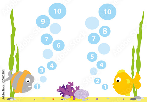 Obraz na płótnie Math game with fish and bubbles : numbers 1-10 / vector illustration for kids w salonie