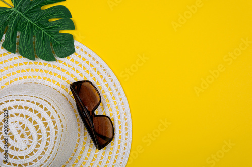 Top view of beach summer accessories with copy space. Summer background. Flat lay, top view.