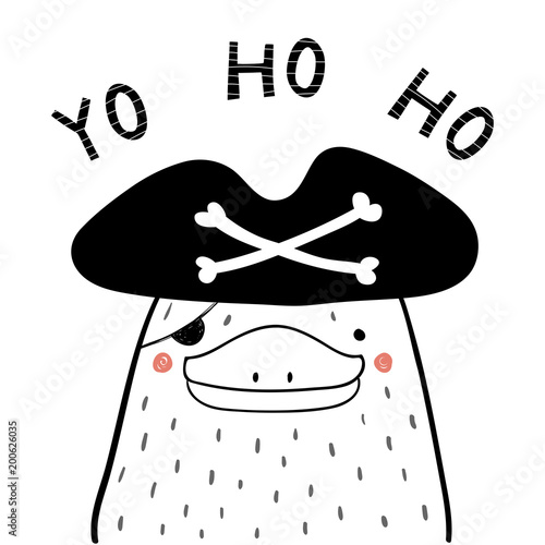 Hand drawn portrait of a cute funny pirate platypus in tricorne hat, eye patch. Isolated objects on white background. Line drawing. Vector illustration. Design concept for children print.