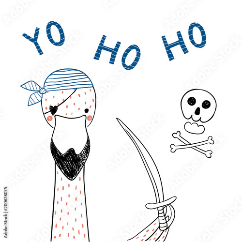 Hand drawn portrait of a cute funny pirate flamingo in bandana, eye patch. Isolated objects on white background. Line drawing. Vector illustration. Design concept for children print.