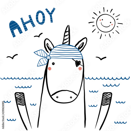 Hand drawn portrait of a cute funny sailor unicorn in striped bandana, with text Ahoy. Isolated objects on white background. Line drawing. Vector illustration. Design concept for children print.