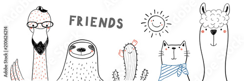 Hand drawn portrait of a cute funny flamingo, sloth, cactus, llama, cat, with text Friends. Isolated objects on white background. Line drawing. Vector illustration. Design concept for children print.