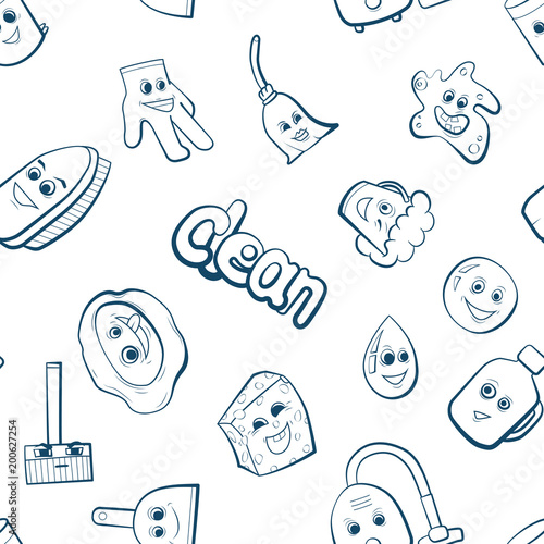 Cute cartoon items for clean up. Chambermaid work vector illustration. Seamless pattern background.