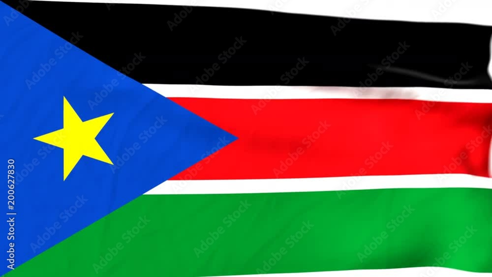 The waving flag of South Sudan opens up the view to the position of South Sudan on a colored world map The waving flag of South Sudan opens up the view to the position of South Sudan on a colored world map
