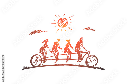 Hand drawn family of four members riding bicycle