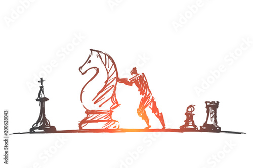 Hand drawn man moving huge chess figure