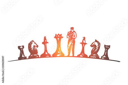 Hand drawn man standing between chessmen