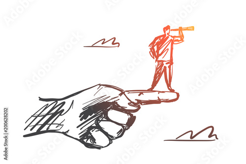 Hand drawn man standing on finger with spyglass