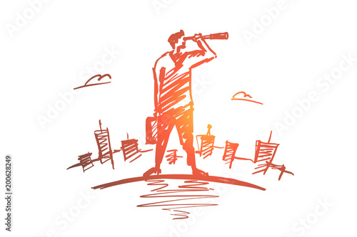 Hand drawn businessman looking through spyglass