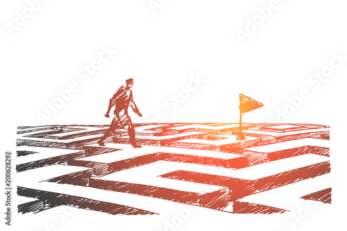 Hand drawn man walking on maze to navigation flag