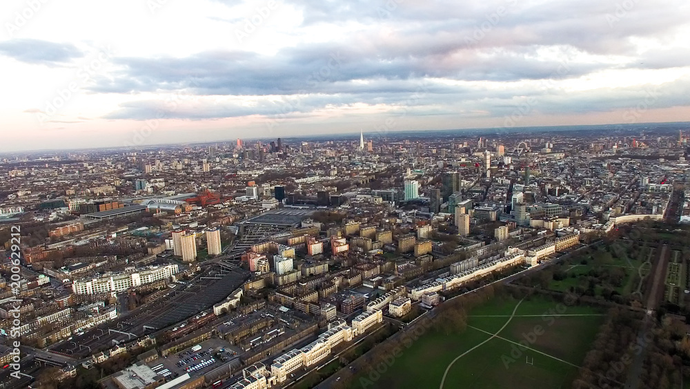 Aerial View London Cityscape with Dusk Sunset Sky around Regent's Park, Camden Town Central City Town Neighborhood Skyline in England, UK