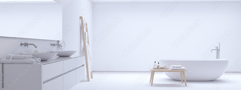 new modern zen bathroom with white wall. 3d rendering - obrazy, fototapety, plakaty 