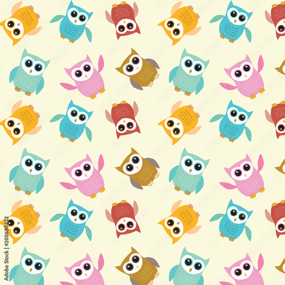 Fototapeta premium Owl pattern in turquoise blue, yellow, red, brown, green with black,white and gold metallic colors palette vector illustration card template on a light yellow background 