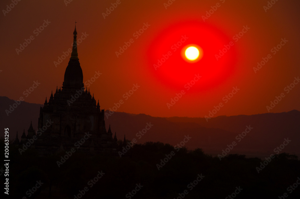 temple against red sunset