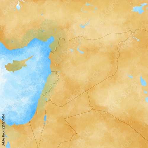Cartina Siria e confini, cartina fisica Medio Oriente, penisola arabica, cartina con rilievi e montagne e mar Mediterraneo. Cartina su pergamena. Cartina disegnata a mano photo