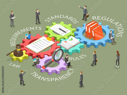 Regulatory compliance flat isometric vector concept. Business people are discussing steps to comply with relevant laws, policies, and regulations.