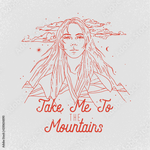 Take me to the Mountains slogan. Girl and mountains. Rock and roll patch. Typography graphic print, fashion drawing for t-shirts .Vector stickers,print, patches vintage