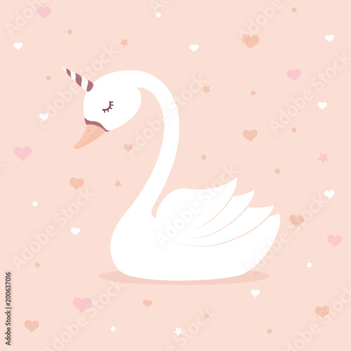 Cute swan unicorn on pink background. Children's card or shirt design