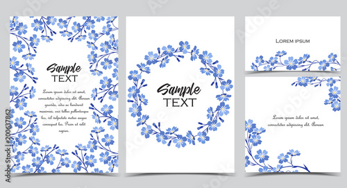 Vector illustration blue flowers on background. Branch of blue forget-me-not flowers. Set of greeting cards