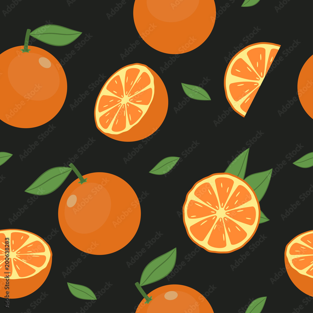 Orange fruit seamless pattern. Fresh citrus with leaf background. Vector illustration. Orange fruit seamless pattern. Fresh citrus with leaf background. Vector illustration.