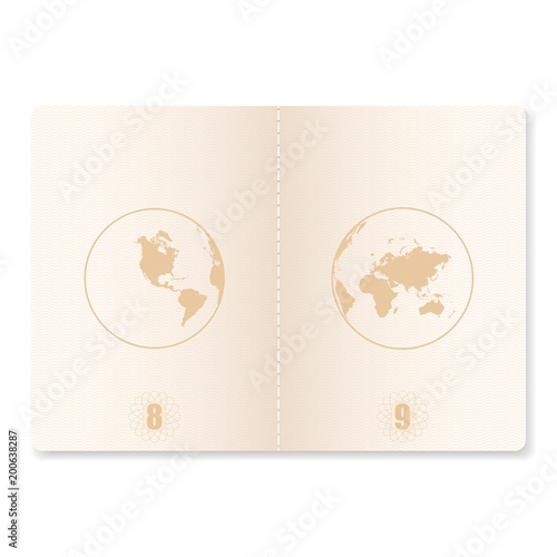 Passport pages for stamps. Open blank passport with watermark. Vector illustration.