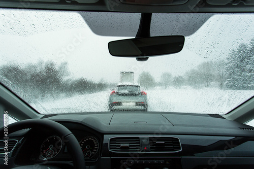 Heavy traffic in winter time, view from on board of car. © danmir12